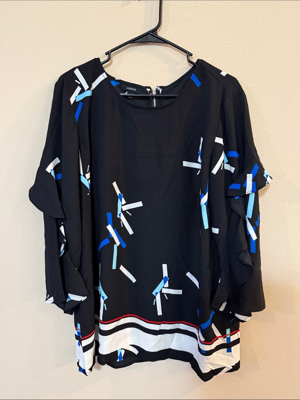 Alfani Black Geometric-Print Ruffle Sleeve Blouse with Blue Accents